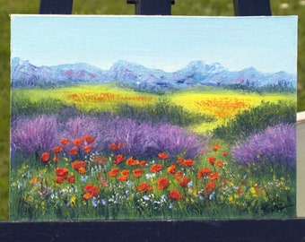 Wildflower meadow landscape painting hand painted lavender field and poppy flowers meadow mountain landscape small oil painting 5" to 7"