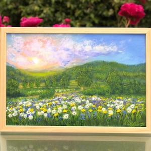Paisaje con campo de flores silvestres de diente de león pintado a mano, pequeña obra de arte de la naturaleza, pintura al óleo enmarcada de 8 por 12 pulgadas