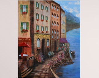 Très grande peinture originale Italie peinture à l'huile art de café italien, Italie paysage ville et grande toile d'art côtière