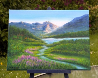 Berggemälde Alaska Landschaft Nationalpark Kunstwerk, Bergsee und Wildblumenwiese Original Ölgemälde 12" x 16" auf Leinwand