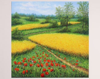 Landscape original oil painting, wildflower meadow with poppy flowers, wheat field country landscape nature painting 20 by 20 inches canvas