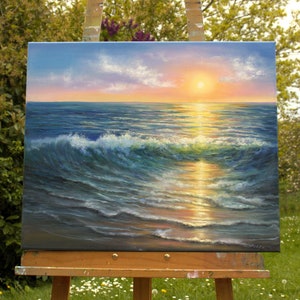 Peinture à l'huile originale de peinture de l'océan, paysage marin de coucher du soleil, peinture de paysage nautique de vagues de l'océan, peinture de paysage nautique de 24 par 20 pouces