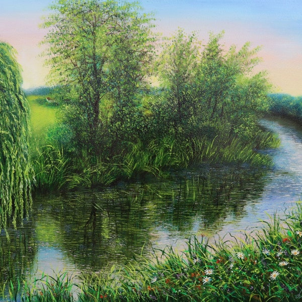 Rivierschilderij origineel olieverfschilderij, landschap met rivier en wilde bloemenweide natuur groen schilderij plattelandsschilderij - OP BESTELLING GEMAAKT