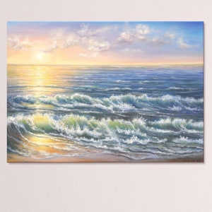 Seascape painting sunset sea ocean waves oil painting original vibrant modern wall decor 20 x 28 inch canvas