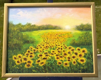 Sunflower painting original art, sunrise on the sunflower field sunflower landscape framed painting 9.4 x 12 inch
