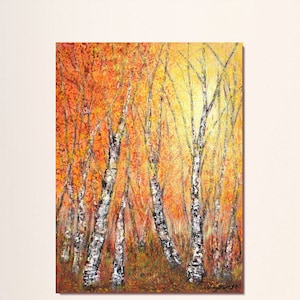 Oryginalny obraz olejny „Brzoza”, jesienny las, jesienny krajobraz, brzozy, malarstwo impasto, płótno 12 na 16 cali