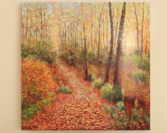 Pintura al óleo original de bosque otoñal, lienzo de árbol de otoño - personalizado
