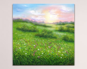 Sunrise painting original oil painting, wildflower meadow on green landscape countryside landscape art nature painting on canvas