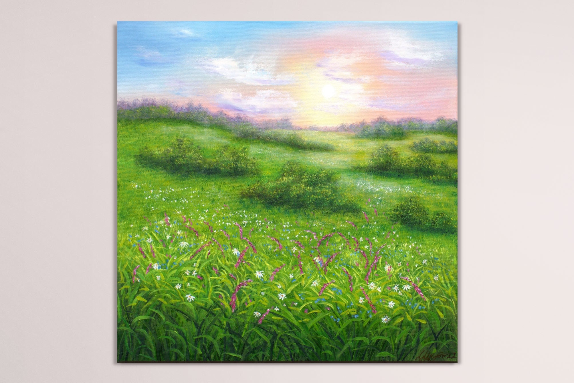 Sunrise Wildflower Meadow Oil Painting: 20x20 Green Landscape