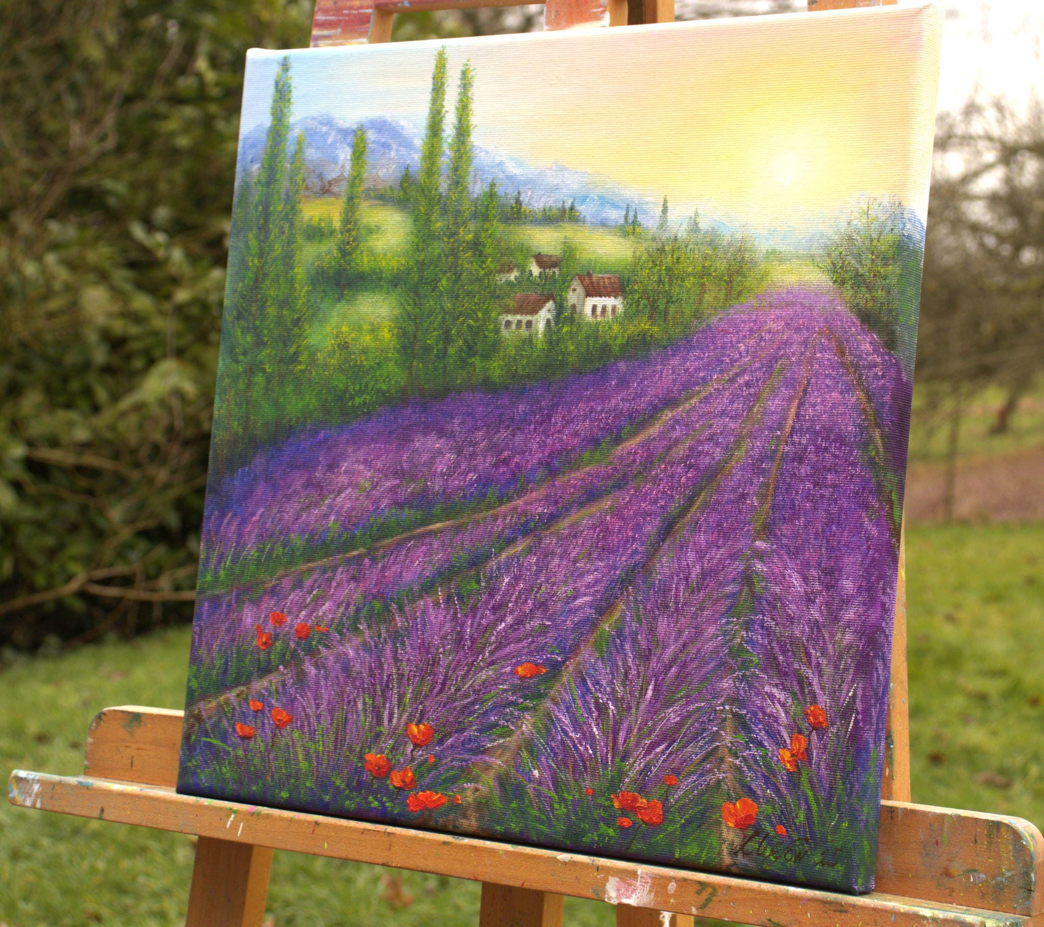 Lavender Field Original Oil Painting, Sunset at Provence Landscape
