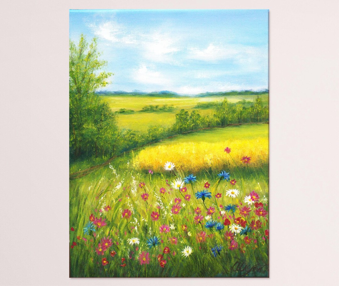 夏の野花の草原の風景 オリジナル油絵 田園風景 16x12 キャンバス