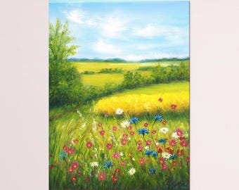 夏の野花の草原の風景 オリジナル油絵 田園風景 16x12 キャンバス