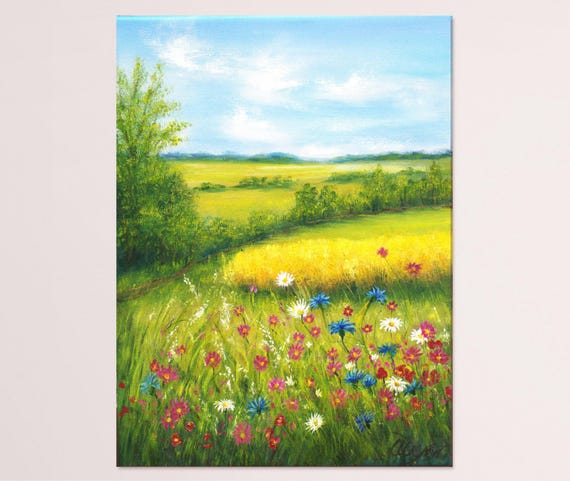 夏の野花の草原の風景 オリジナル油絵 田園風景 16x12 キャンバス