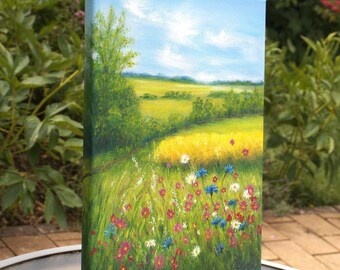 夏の野花の草原の風景 オリジナル油絵 田園風景 16x12 キャンバス