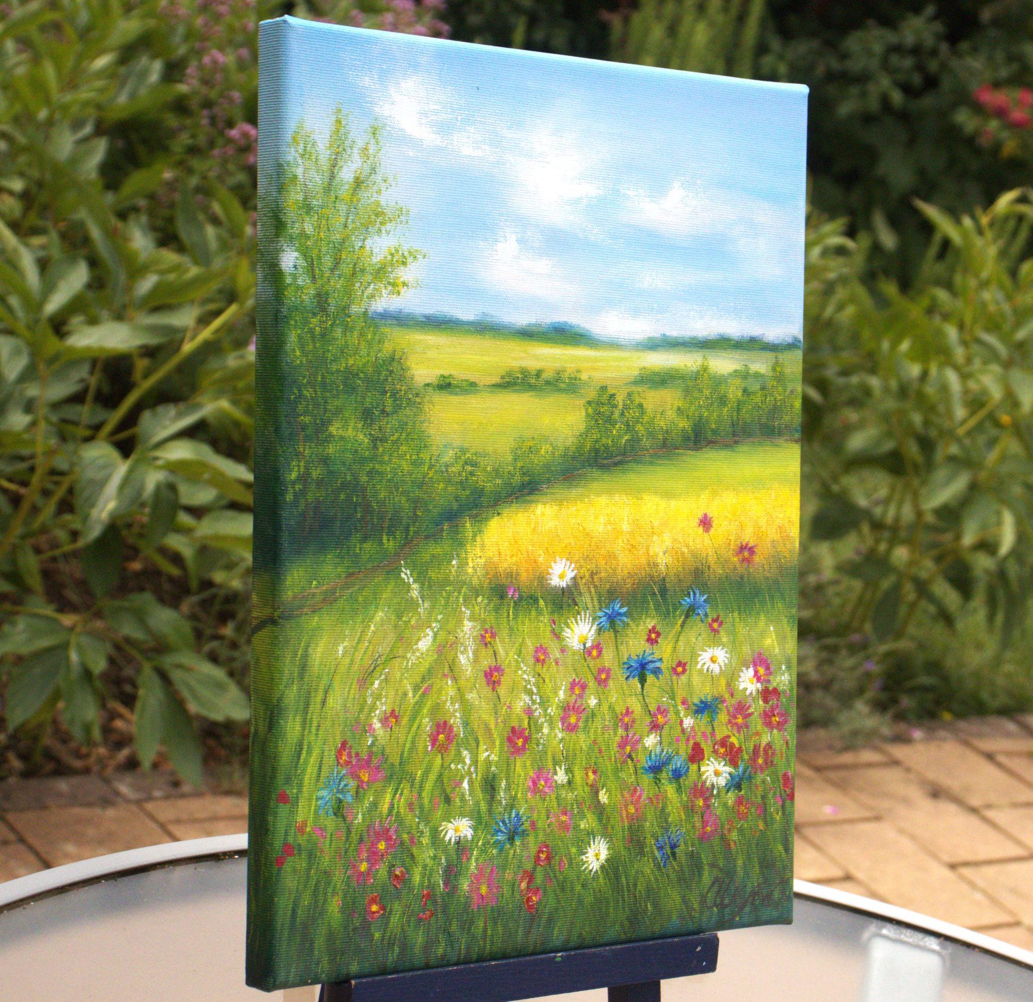 夏の野花の草原の風景 オリジナル油絵 田園風景 16x12 キャンバス