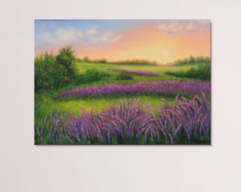 Tableau lavande champ de lavande, coucher de soleil sur la prairie paysage art violet et vert peinture française lavande art mural grande peinture à l'huile