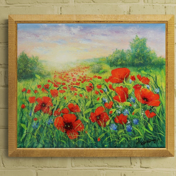 Poppy field painting original art print, red poppy flower oil painting sunrise landscape, poppy wall art poppies art print sunshine poster