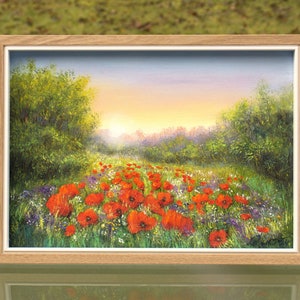 Peinture à l'huile originale de champ de pavot, paysage naturel de peinture de coucher du soleil, peinture encadrée de fleur rouge peinture à l'huile florale sur le panneau de bois image 1