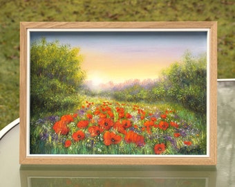 Poppy field painting original oil painting, sunset painting nature landscape, red flower framed painting floral oil painting on wood panel