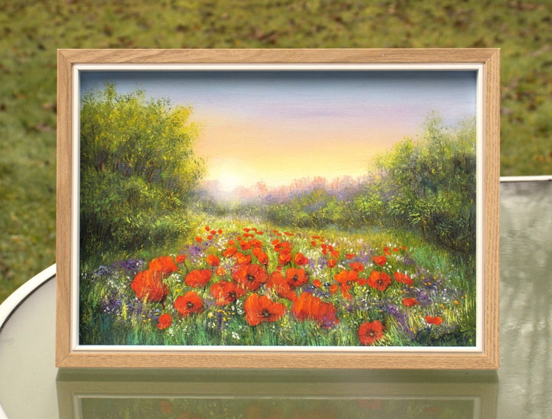Peinture à l'huile originale de champ de pavot, paysage naturel de peinture de coucher du soleil, peinture encadrée de fleur rouge peinture à l'huile florale sur le panneau de bois image 1