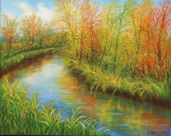 秋の川の風景油絵：16x20 秋の木々の森のアート - Etsy 日本