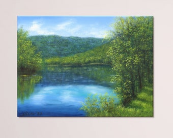 Landschaft originales Ölgemälde Sommerlandschaft mit dem Fluss realistische  Waldgemälde auf Leinwand 30 x 40 cm