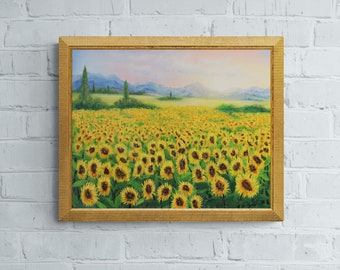 Sunflower print fine art print, sunflower landscape oil painting print, sunflower wall art nature art print landscape poster