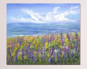 Wildflower painting original oil painting, seascape blue sea and wildflower meadow small artwork 9.4" x 8" canvas on cardboard
