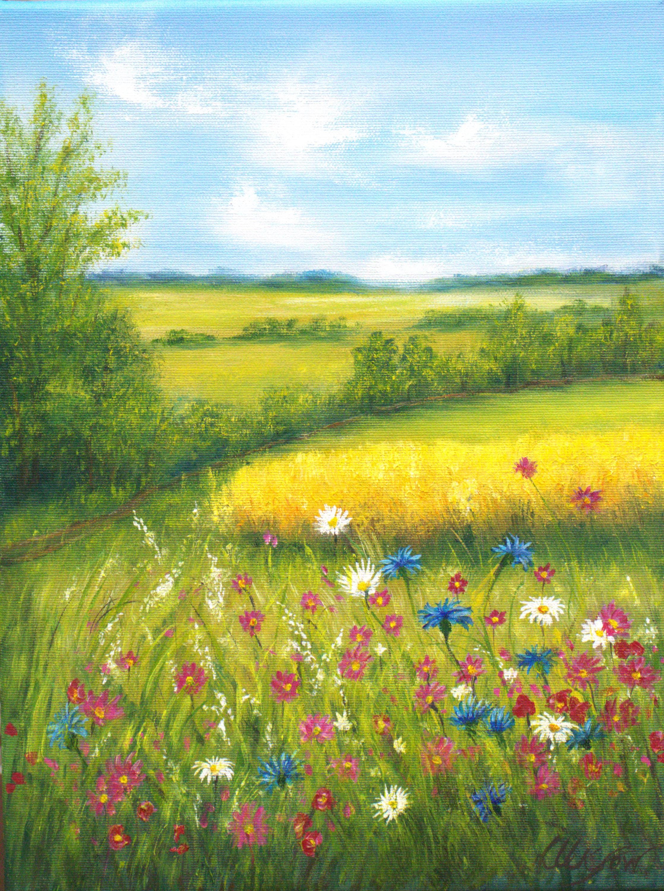 油絵 絵画 【野花の風景】 夏の野花の草原の風景 オリジナル油絵 田園風景 16x12 キャンバス
