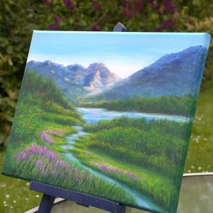 Berggemälde Alaska Landschaft Nationalpark Kunstwerk, Bergsee und Wildblumenwiese Original Ölgemälde 12 x 16 auf Leinwand Bild 2