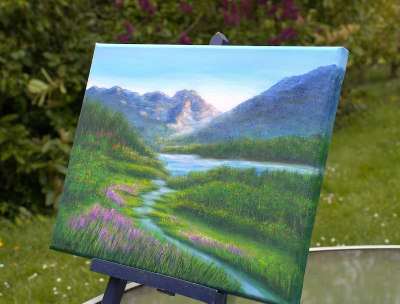 Berggemälde Alaska Landschaft Nationalpark Kunstwerk, Bergsee und Wildblumenwiese Original Ölgemälde 12 x 16 auf Leinwand Bild 2