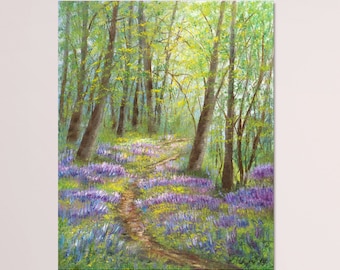 Spring landscape original oil painting, forest painting bluebell woods wildflowers woodland painting small painting 8" x 10" on cardboard