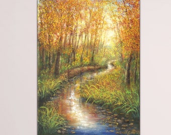 Peinture d’automne peinture à l’huile originale, illustration d’automne de paysage d’automne, ruisseau de forêt d’arbre d’automne, peinture d’automne sur toile