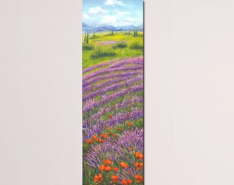 Peinture à l'huile de lavande et de coquelicots, art vertical de paysage de 24 à 8 pouces - Décoration florale pour la maison