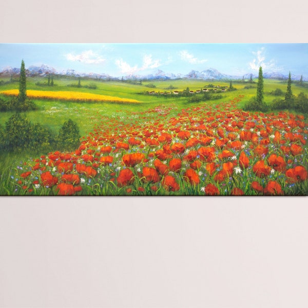 Peinture à l'huile originale de champ de pavot, peinture de paysage de Toscane, peinture de nature de prairie de fleurs sauvages sur la toile - FABRIQUÉ sur COMMANDE