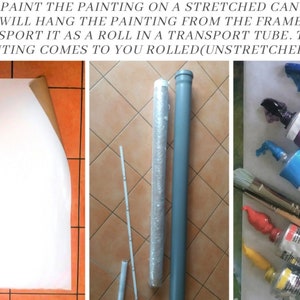 Puede incluir: Imagen que muestra el proceso de preparaci&oacute;n y env&iacute;o de una pintura. Incluye un lienzo enrollado, un tubo de transporte y tubos de pintura. El texto indica que la pintura se enrollar&aacute; y se enviar&aacute; sin estirar.