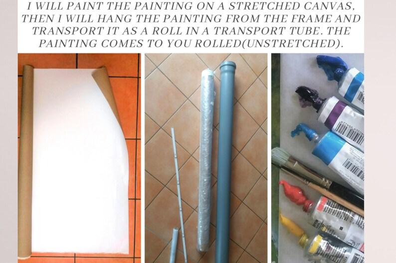 Puede incluir: Imagen que muestra el proceso de preparaci&oacute;n y env&iacute;o de una pintura. Incluye un lienzo enrollado, un tubo de transporte y tubos de pintura. El texto indica que la pintura se enrollar&aacute; y se enviar&aacute; sin estirar.