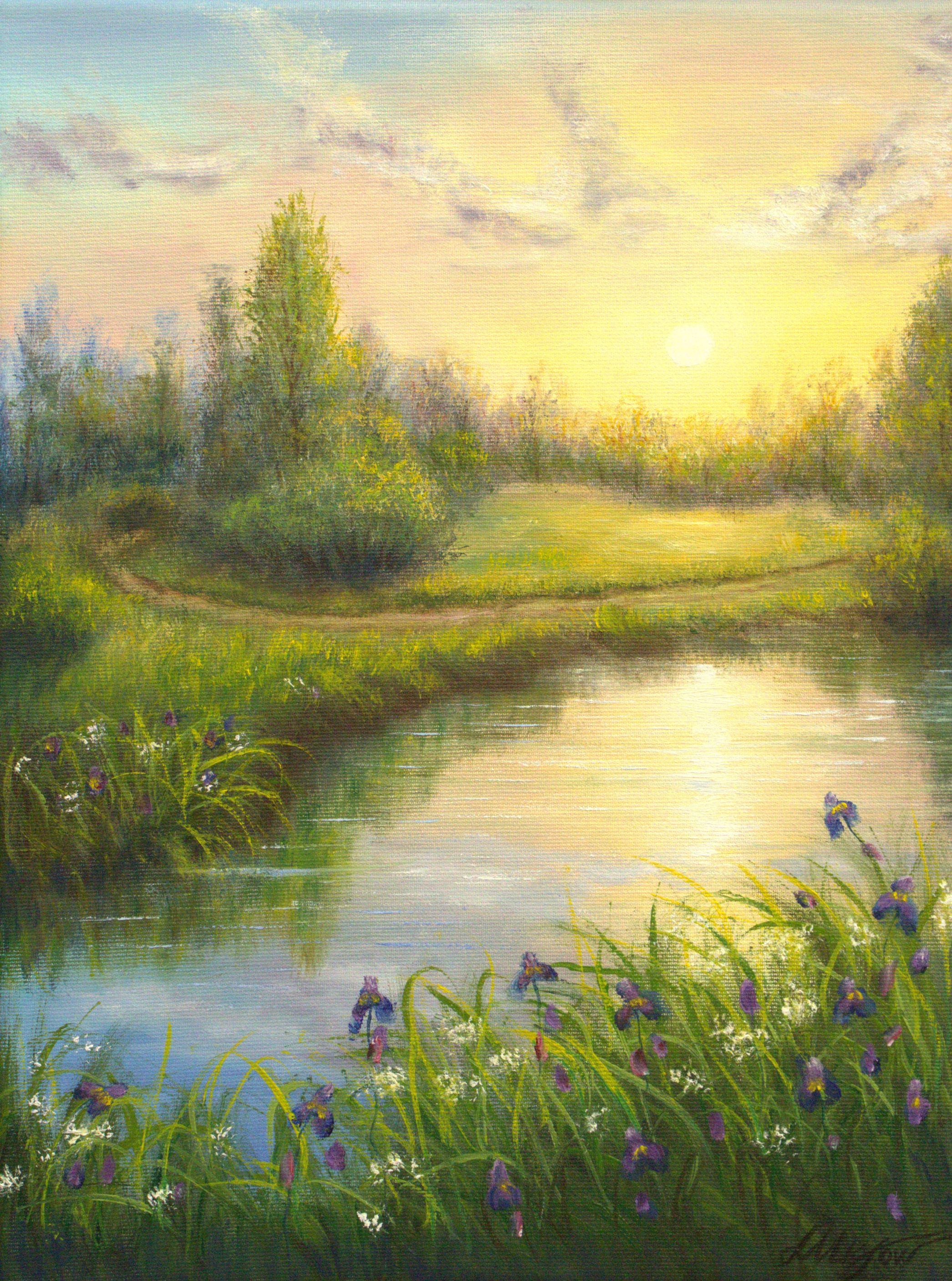 夕焼けの湖の油絵：写実的な野花の草原の風景画（16x12インチ