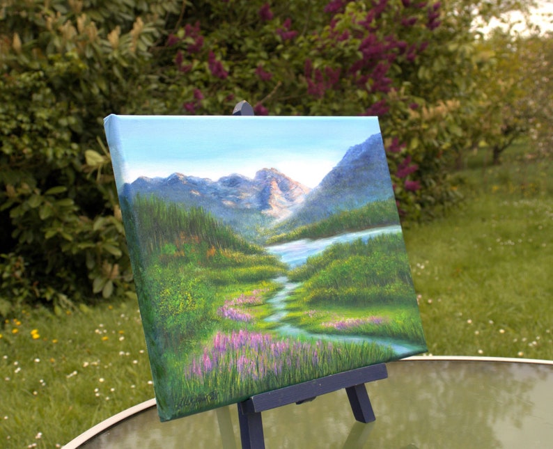 Berggemälde Alaska Landschaft Nationalpark Kunstwerk, Bergsee und Wildblumenwiese Original Ölgemälde 12 x 16 auf Leinwand Bild 3