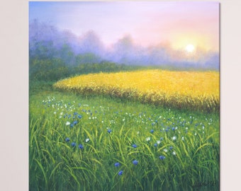 Sonnenaufgang Landschaftsgemälde Originalkunst, neblige Landschaft mit Weizenfeld und Wildblumenwiese realistische Malerei auf Leinwand