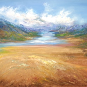 Abstract landscape original oil painting, gold beach seascape and mountain landscape painting large canvas art