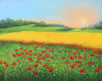 Landscape original oil painting, sunrise on wildflower meadow with red poppy flowers realistic nature extra large oil painting on canvas