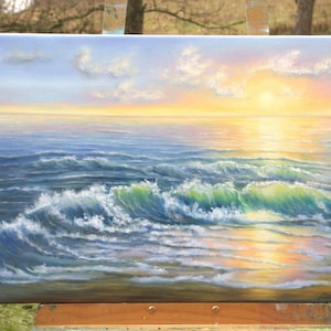 Ocean original oil painting, sunset seascape blue sea waves 28 x 20 in canvas