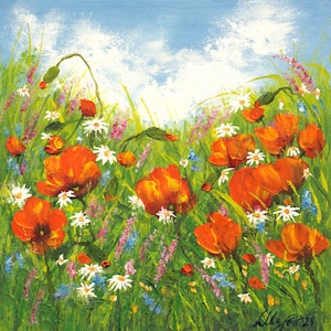 Pintura de paisagem de papoula, pintura a óleo original, pintura de prado de flores silvestres, arte de parede de margarida e papoula, pequena pintura a óleo de 8 x 8 polegadas