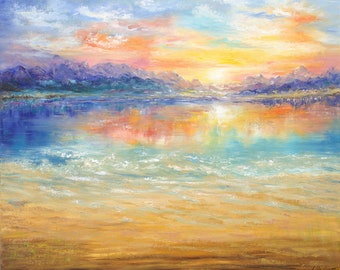 Coucher de soleil peinture à l'huile paysage marin abstrait peinture originale, paysage abstrait empâtement montagne coucher de soleil art plage peinture sur toile