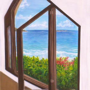 Window view painting, ocean view from open window oil painting, beach house decor 20 x 24 inch canvas