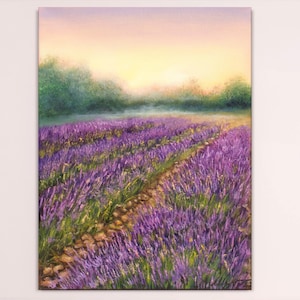 Lavender painting original art, sunset on lavender field purple flower lavender wall art french nature vertical painting 12 x 16 canvas