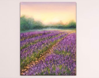 Lavender painting original art, sunset on lavender field, purple flower lavender wall art, french nature vertical painting on canvas