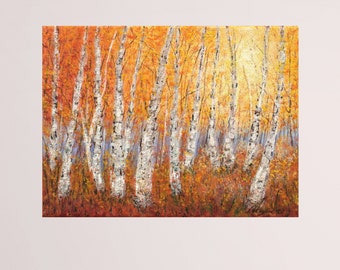 Peinture à l'huile originale de bouleau, peinture de forêt de paysage d'automne, oeuvre d'art d'automne texturée peinture d'automne sur toile