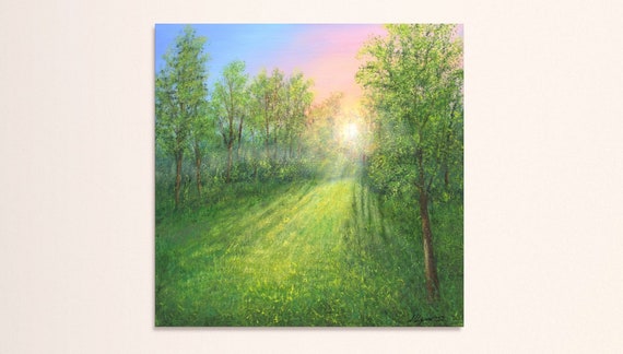 Misty Forest Sunrise Oil Painting, Foggy Landscape Meadow Canvas Art